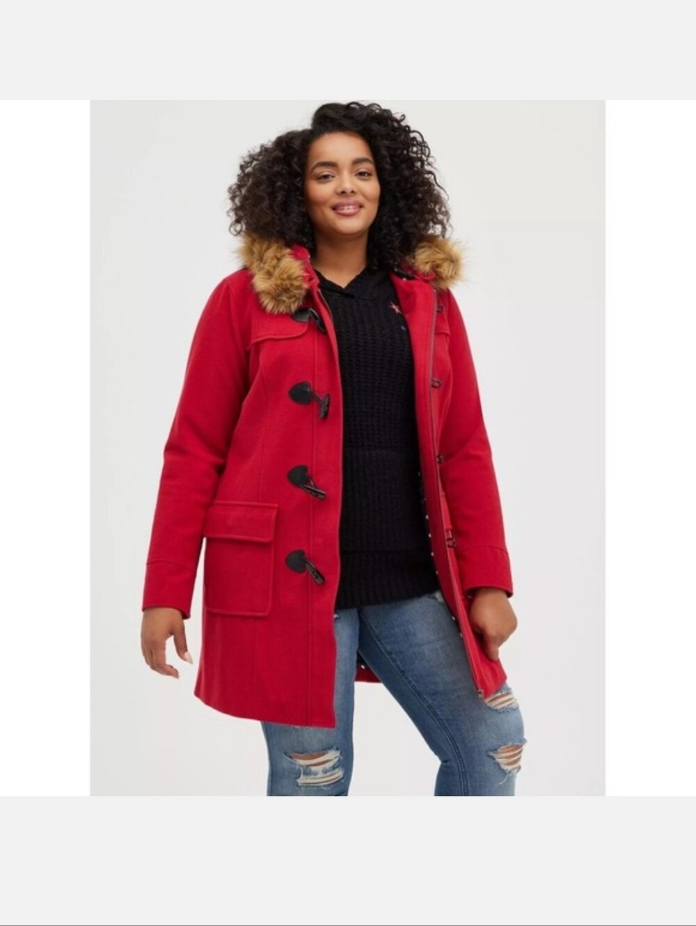 NWT Torrid Toggle Duffle Coat Women 2X Red Faux Fur Hood Polka Dot Lining